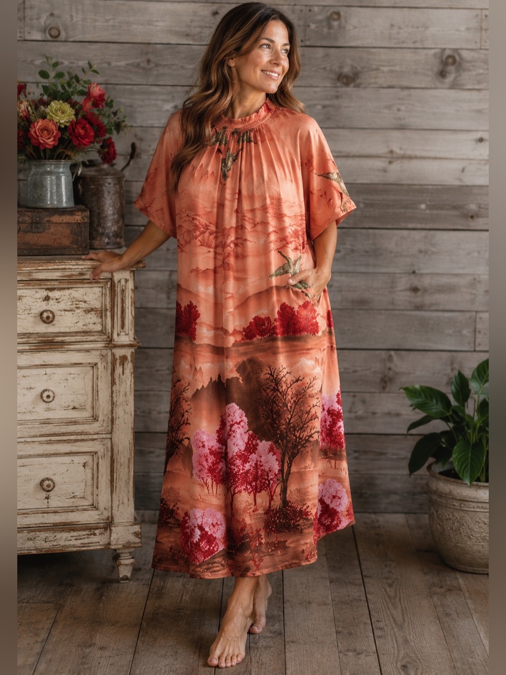 Conrad's Lingerie geese trees mountains landscape back zipper duster house dress